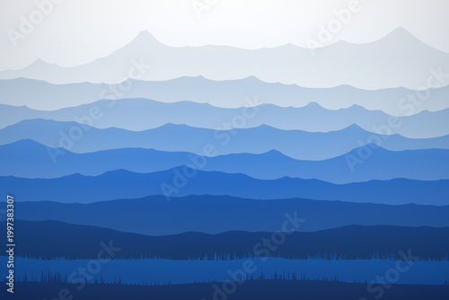 Billede på lærred Mountains Forest Winter Nature Background with Blue Monochromatic Depth