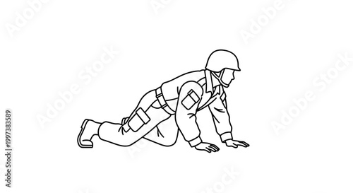 Soldier in Combat Crawl Position, Wearing Helmet and Uniform.