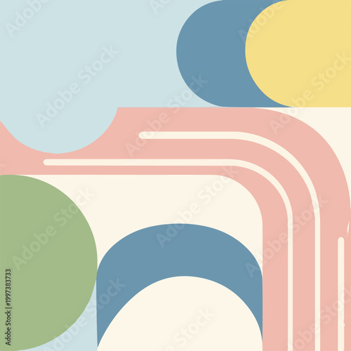 Abstract graphic composition featuring soft pastel shapes and geometric lines arranged in a modern minimalist pattern for creative backgrounds