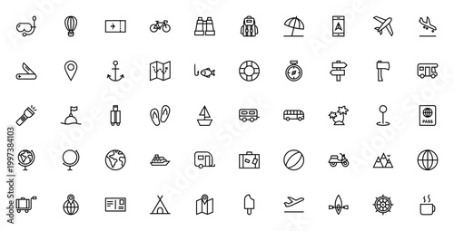 Travel and adventure icon set. Vector symbols for diving, hot air balloon, backpack, passport, map, compass, tent, kayak and more. Minimal line icons.