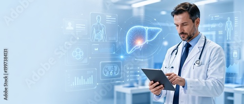 Doctor using a digital tablet with liver diagnostics and connected healthcare visuals, representing AR-assisted analysis, treatment planning, patient records, and modern medical technology