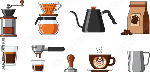 Coffee Brewing Equipment Icons Featuring Grinder, Pour Over, Espresso Machine, and Coffee Cup for Graphic Design Projects