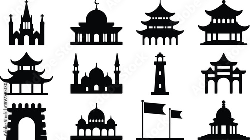 Collection of various historic world architectural building silhouettes for global travel and culture design projects