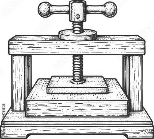 Vintage Wooden Printing Press Engraving Style Hand Drawn Vector Illustration
