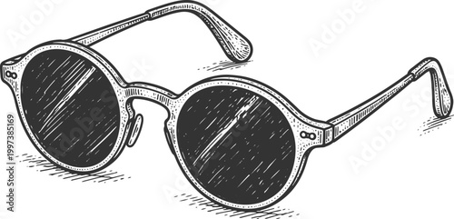 Vintage Round Sunglasses Engraving Style Hand Drawn Vector Illustration