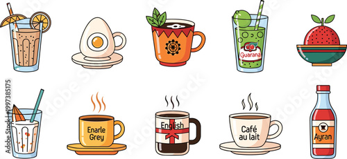 Collection of Hot and Cold Beverages Including Coffee, Tea, Juice, and Sauces for Digital and Graphic Design