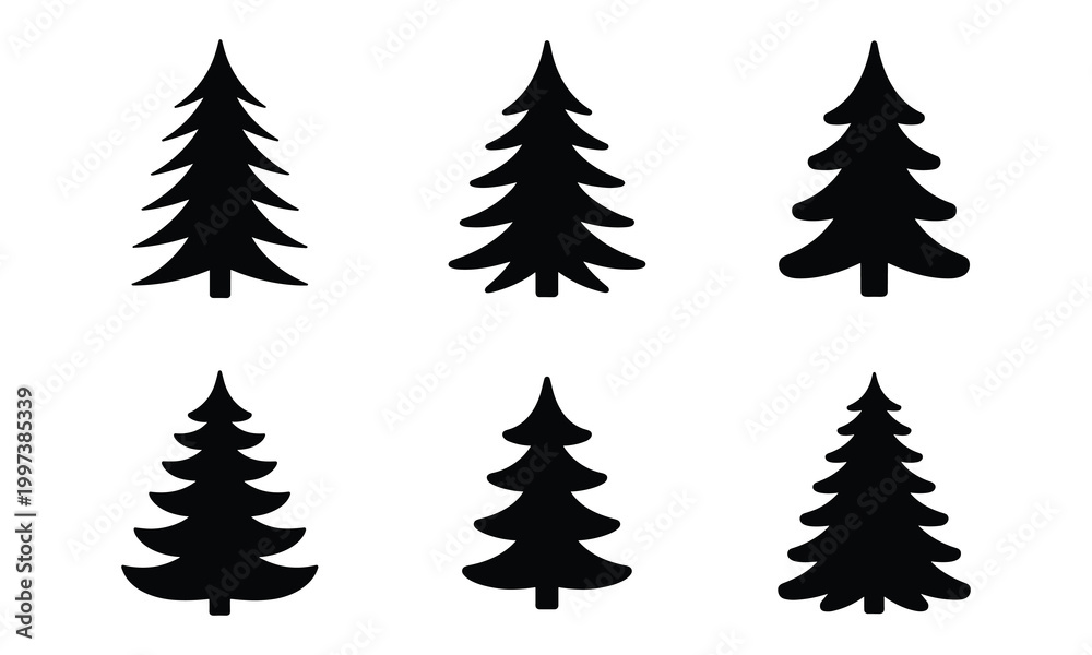 Fototapeta premium Christmas tree silhouette set with various spruce and pine shapes for holiday winter forest design and seasonal decor.