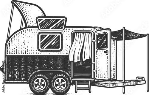 Vintage Camper Trailer Caravan Engraving Vector Illustration