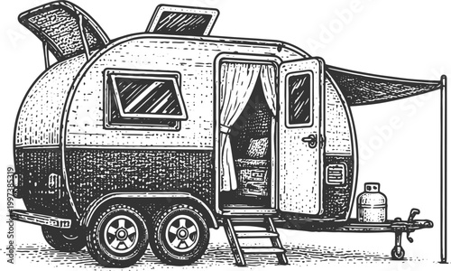 Retro Camper Trailer with Awning and Propane Tank Engraving Illustration