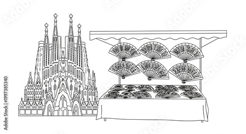 Barcelonas Iconic Sagrada Familia and Souvenir Fan Display.