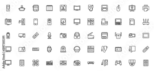 Technology devices icon set. Vector illustration of modern electronics. Includes tower, AR glasses, smartphone, drone, smartwatch, TV, printer, camera, console and more. Editable stroke.