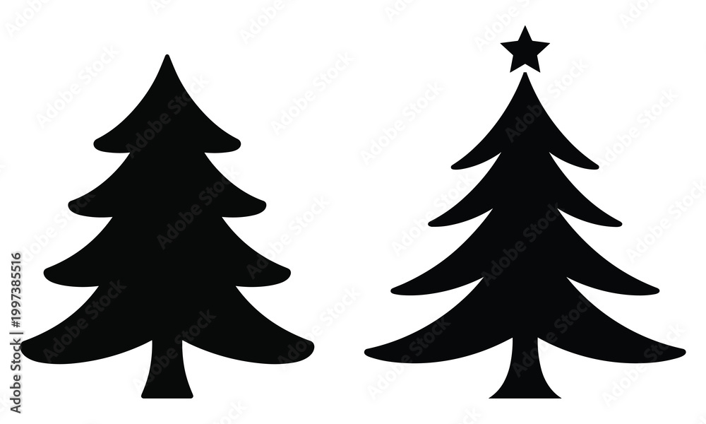 Fototapeta premium Set of christmas tree vector illustration, traditional evergreen pine with star, silhouette of festive conifer isolated on white.