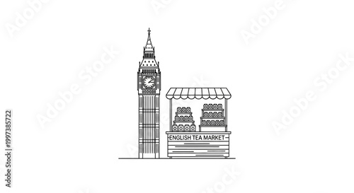 Big Ben and a Street Vendor Stand in London, England.