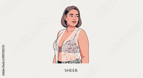 Beautiful Woman in Stylish Sheer Top Posing Gracefully, Looking Away.