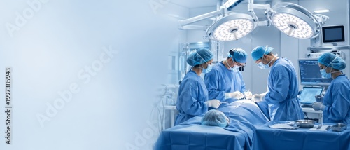 Medical team performs surgery in a modern operating room, representing professional healthcare, sterile clinical teamwork, precision treatment, and advanced hospital care