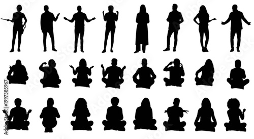 Silhouettes of people in various poses isolated on transparent background, Vector