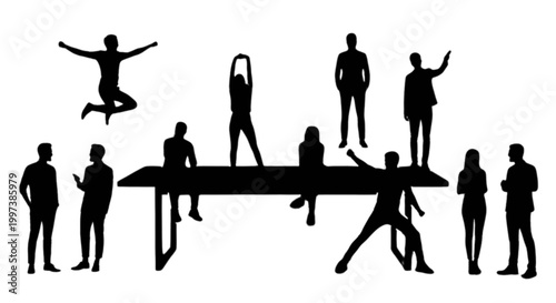 Team balancing on a tightrope together isolated on transparent background, Vector