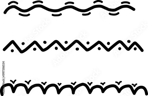 Set of aesthetic hand-drawn line borders featuring sweet wavy and jagged doodle shapes. This minimalist sketch set is ideal for backgrounds, abstract designs, children’s themes, wedding invitations