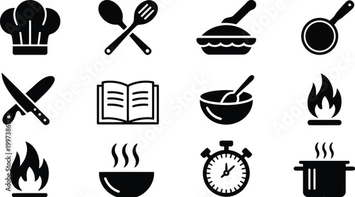 Cooking equipment and culinary activity icons for recipe books and professional kitchen website design elements