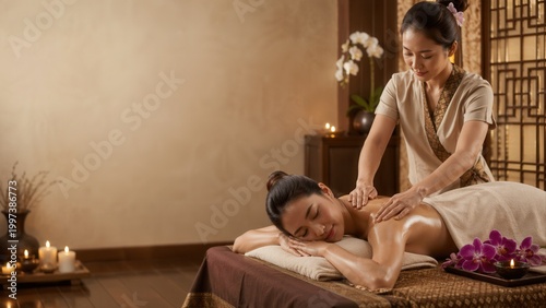 Serenity through Touch Asian Woman Receiving Thai Massage Highlighting Calm Atmosphere and Wellness Services