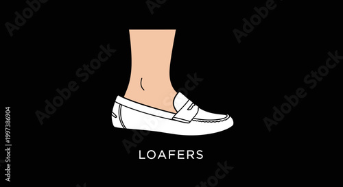 Stylish White Loafer Shoe on Foot Isolated on Black Background.