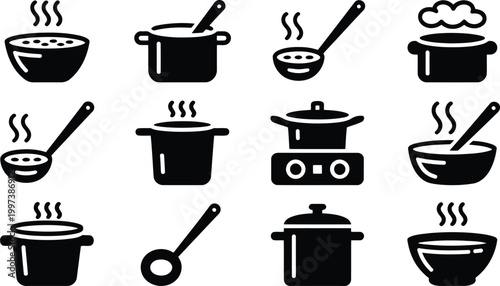 Cooking and meal preparation icons showing steaming bowls pots ladles and kitchen appliances for culinary design projects
