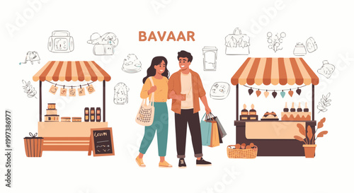 Happy Couple Shopping at Outdoor Street Market Bazaar Illustration