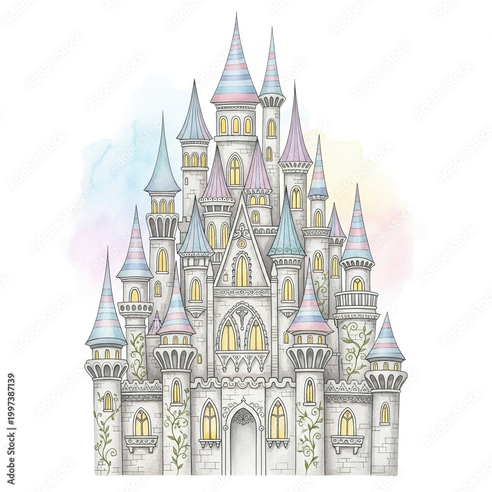Fototapeta premium Detailed castle illustration with towers and green windows