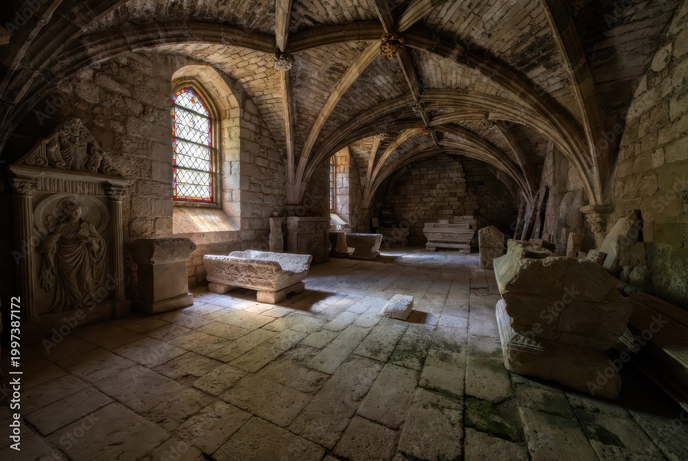 Fototapeta premium Ancient Stone Crypt with Stained Glass Window and Carved Sarcophagi in Dim Light