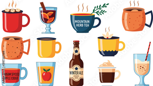 Colorful Hot and Cold Drink Icons Including Coffee, Tea, Cider, and Soft Drinks for Web and App Design Projects