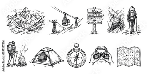 Hand-drawn mountain hiking and camping icons set with a hiker, tent, compass, map, cable car, and train in a vintage black and white sketch style for adventure travel concepts