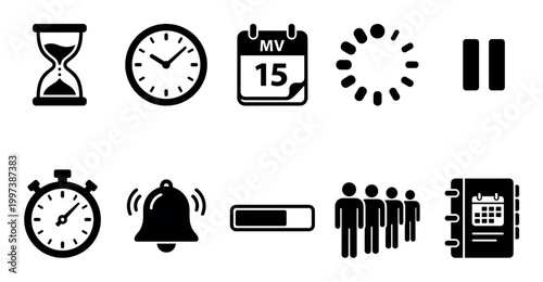 Collection of black glyph icons for time management and scheduling, featuring a clock, hourglass, calendar, stopwatch, loading symbol, pause button, alarm, and progress bar