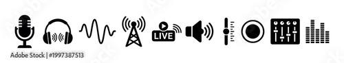 Collection of black audio and radio icons for broadcasting and podcasting, featuring a microphone, headphones, sound wave, antenna, live button, speaker, mixer, and equalizer