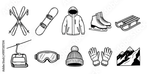Set of hand-drawn winter activity equipment icons featuring skis, a snowboard, ice skates, a sled, a jacket, goggles, and a ski lift in a simple black and white line art illustration