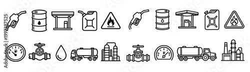 Set of fuel and oil industry icons in a simple black outline style showing a gas station, tanker truck, barrel, nozzle, refinery, and flammable warning sign