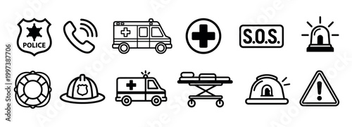 Emergency services icon collection with police, fire, and medical symbols like an ambulance, stretcher, siren, and lifebuoy in a minimalist black outline design