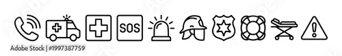 Set of emergency service line icons including an ambulance, police badge, firefighter helmet, and medical symbols for safety and rescue concepts in a minimalist monochrome design