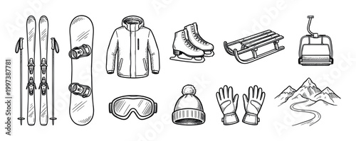 Winter sports equipment and clothing icons collection hand-drawn in a black line art doodle style with skis, snowboard, jacket, skates, gloves, and a ski lift for mountain recreation