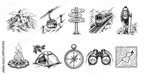 Mountain hiking and camping adventure icon set hand drawn in a vintage sketch style showing a tent, compass, map, campfire, hiker, train, and cable car