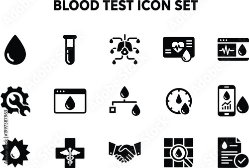 Medical collection featuring various blood test icons for laboratory analysis and clinical diagnostic health reporting systems