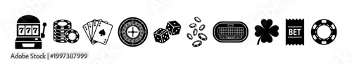 Black silhouette icon set of casino and gambling elements with a slot machine, poker chips, playing cards, roulette wheel, dice, a betting slip, and a four-leaf clover