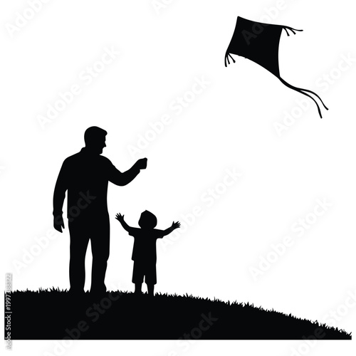 Father and child flying a kite together silhouette on a hill