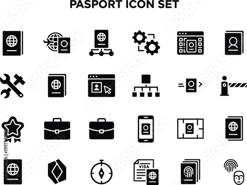 Collection of essential travel documents and immigration processing symbols for international border control and verification systems