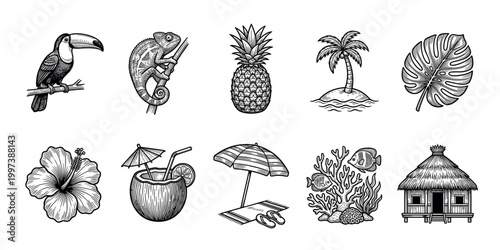 Set of ten hand-drawn tropical icons in a black and white vintage engraving style, including a toucan, chameleon, pineapple, palm tree, monstera leaf, and tiki hut