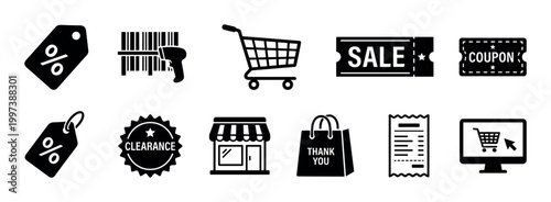 Collection of black shopping and retail icons representing commerce and consumerism, featuring a cart, sale tag, coupon, barcode scanner, and storefront symbol for e-commerce