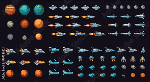 Large pixel art sprite sheet for a space game containing planets stars and many various spaceships in different stages.