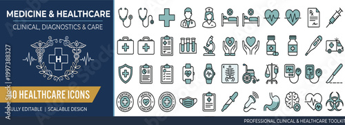 Medical and Healthcare Clinical Diagnostics and Care Icons Set