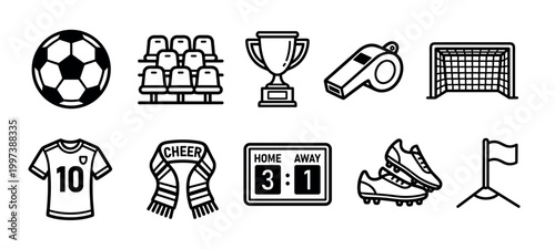 Ten soccer and football themed icons featuring a ball, goal, trophy, whistle, scoreboard, jersey, cleats, scarf, flag, and stadium seats in a simple outline design