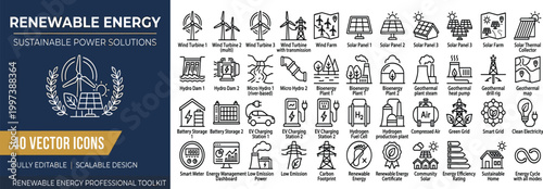Renewable Energy Sustainable Power Solutions Vector Icons Collection for Green Technology and Eco-Friendly Initiatives