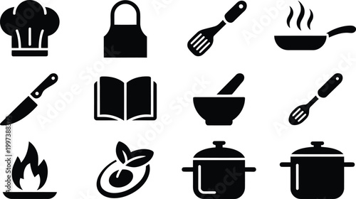 Diverse kitchen culinary icons set including chef hat apron cooking tools and professional stove equipment